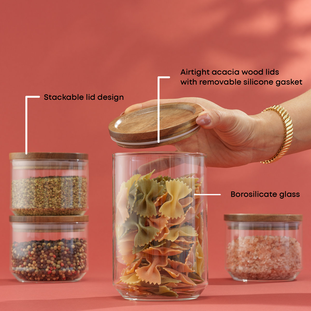 Holden 7-Piece Stackable Glass Storage Canister Set with Wood Lids (Set of 7)